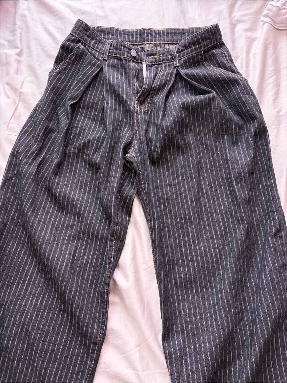 Wide Leg Pinstripe Pants in Black